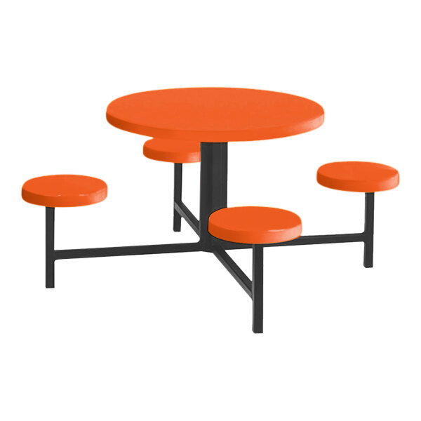 A Sol-O-Matic orange round fiberglass table with four fixed seats.