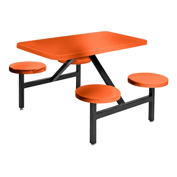 An orange rectangular Sol-O-Matic table with four fixed seats.