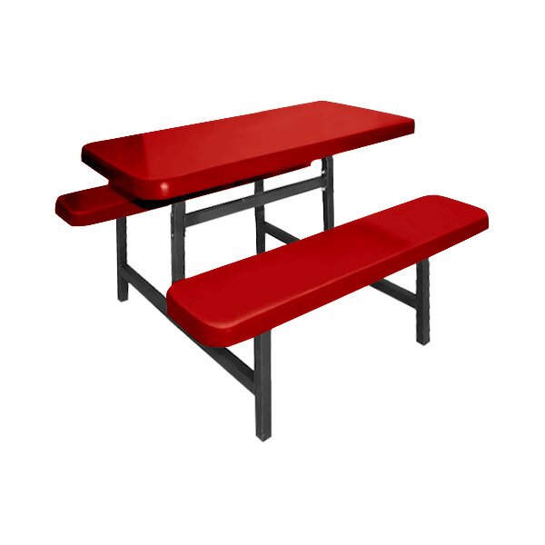 A Sol-O-Matic red rectangular picnic table with fixed bench seats.