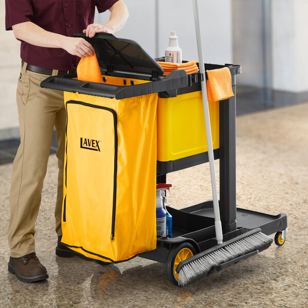 Lavex Premium 3-Shelf Janitor Cart Kit with Yellow Zippered Bag, Lid, and Single Lock Box