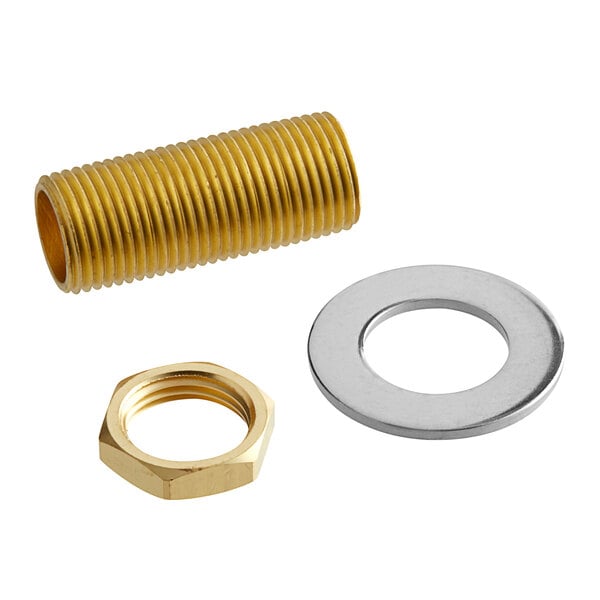 A brass threaded nut and washer with a gold nut with a hole in the middle.