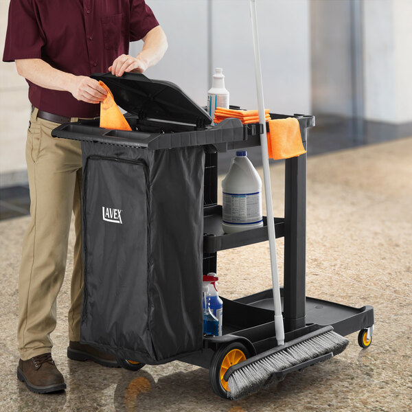 Lavex Premium 3-Shelf Janitor Cart Kit with Yellow and Black Zippered Bags and Lid