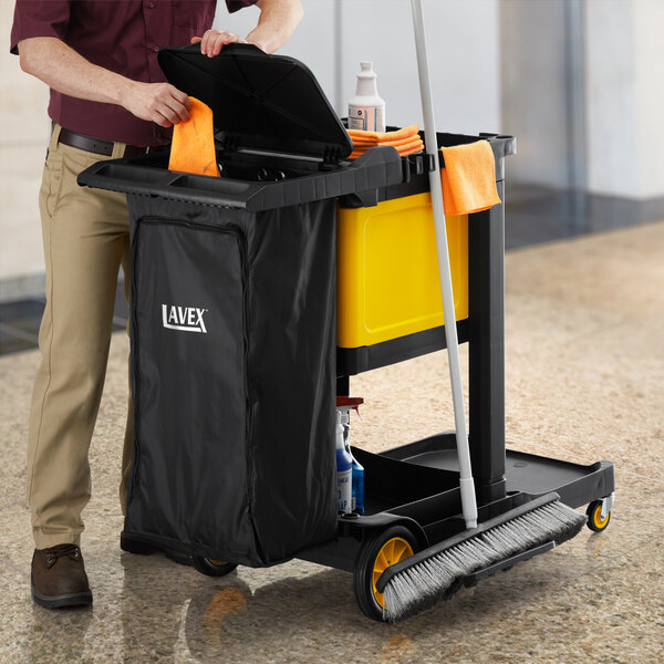 Lavex Premium 3-Shelf Janitor Cart Kit with Black Zippered Bag, Lid, and Single Lock Box