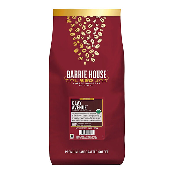 A red Barrie House bag of Fair Trade Organic Whole Bean Coffee.