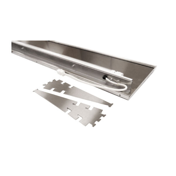 A stainless steel shelf with lights.