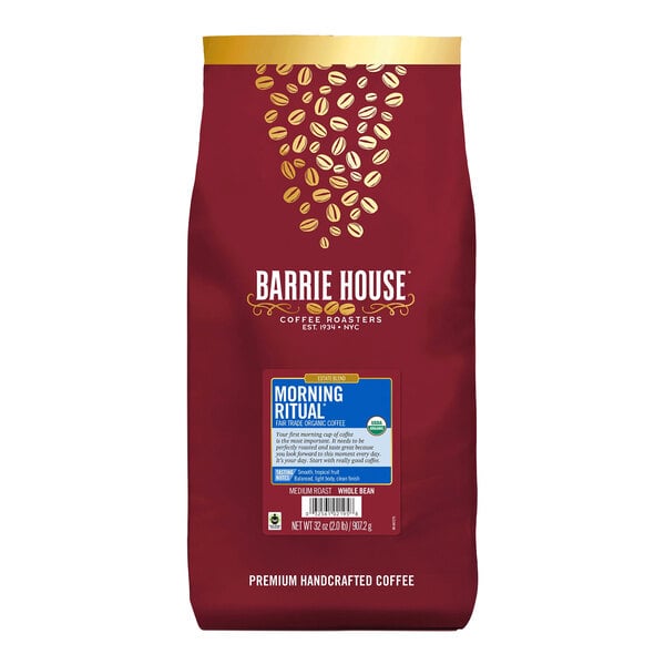A red and white bag of Barrie House Fair Trade Organic Morning Ritual Whole Bean Coffee.