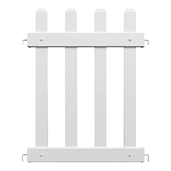 A white rectangular Mod-Picket fence panel with four posts and black border.