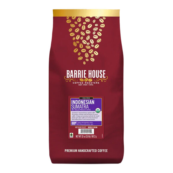 A red Barrie House bag of Fair Trade Organic Indonesian Sumatra Whole Bean Coffee with a label.