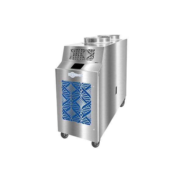 A silver machine with blue designs, the Kwikool 1.1 Ton Hygienic Portable Air Conditioner with blue accents.