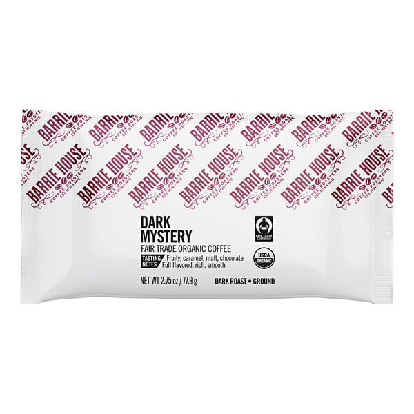 A Barrie House Fair Trade Organic Dark Mystery coffee packet with white and red packaging.