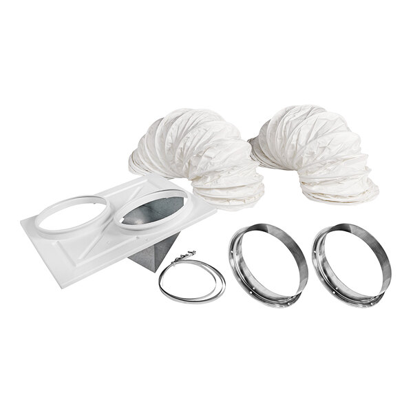 A Kwikool stainless steel flange ceiling kit with round white air ducts.