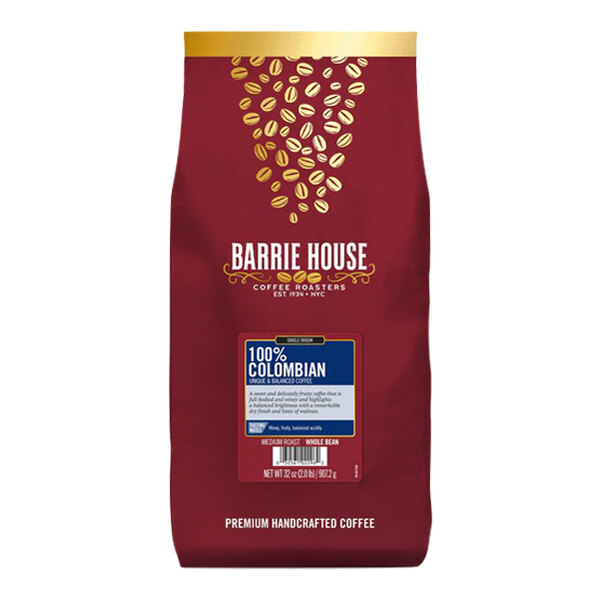 A red bag of Barrie House whole coffee beans with a label.