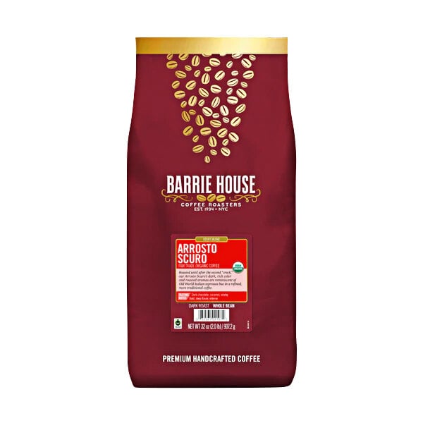 A red Barrie House bag of whole bean coffee.
