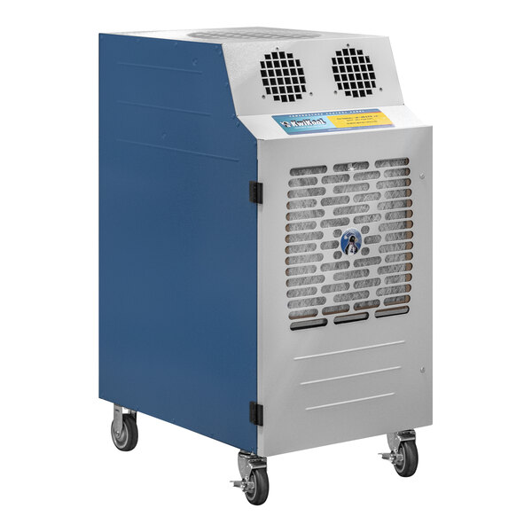 A large blue and white Kwikool portable air conditioner.