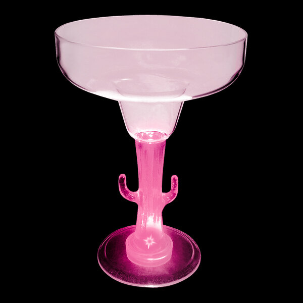 A customizable pink plastic margarita glass with a cactus stem and pink LED light.