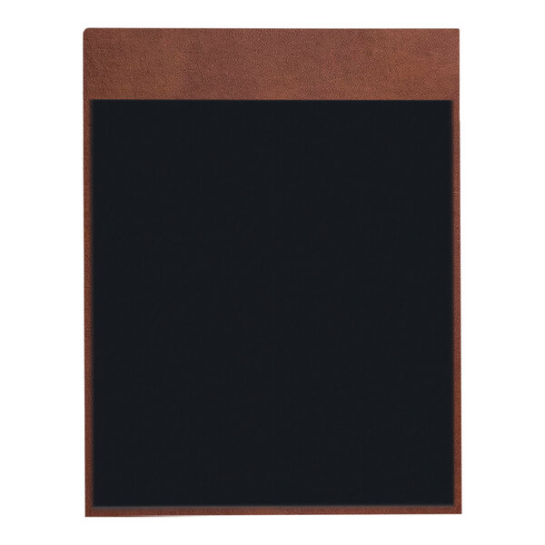 A brown leather menu board with a black border and black interior.