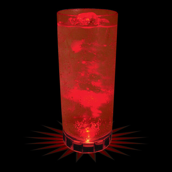 A close-up of a red customizable plastic cup with a red LED light inside.