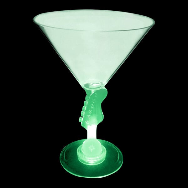 A green customizable plastic martini glass with a guitar stem and green LED light.