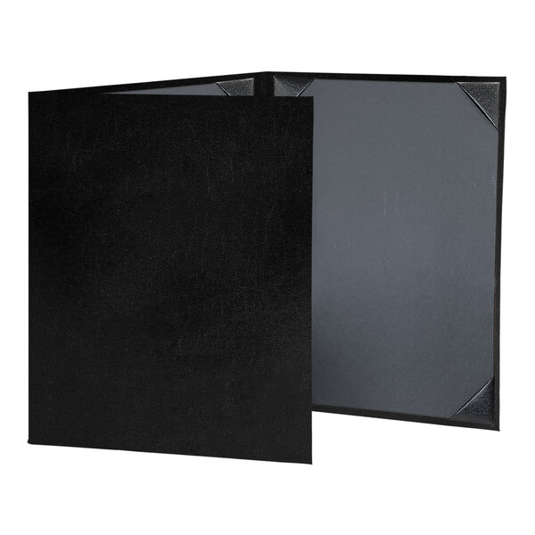 A black H. Risch, Inc. Tuxedo leather menu cover with two pages open.