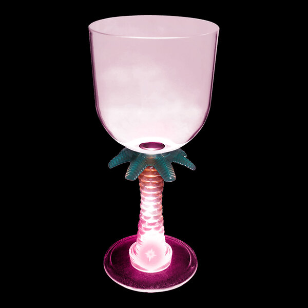 A close-up of a customizable plastic palm tree stem goblet with a pink LED light.