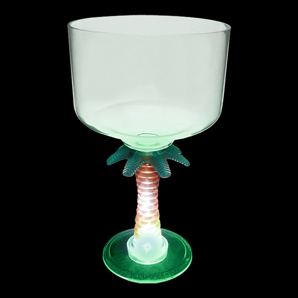 A clear plastic margarita cup with a green palm tree stem and a green LED light.