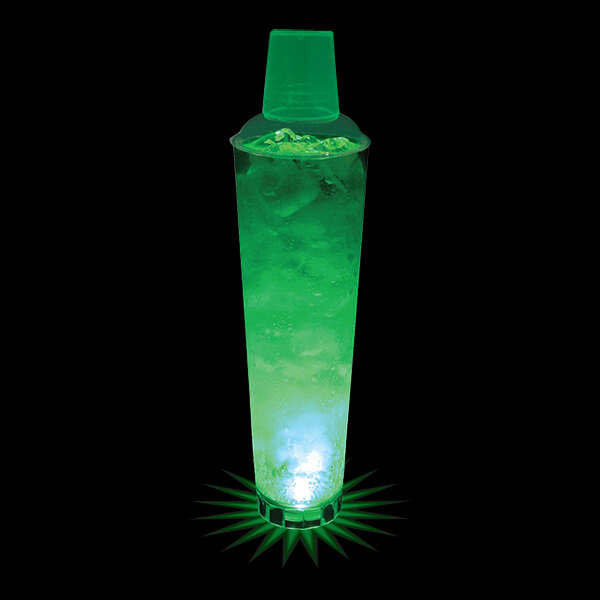 A 32 oz. plastic cocktail shaker with a green LED light.