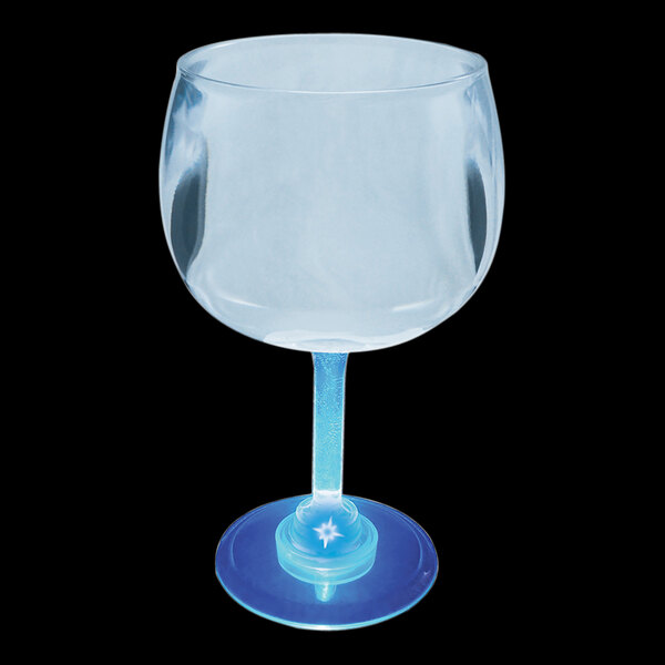 A clear plastic goblet with a blue LED light at the base.