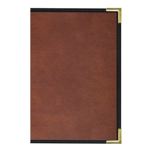 A brown leather H. Risch, Inc. menu cover with black trim.
