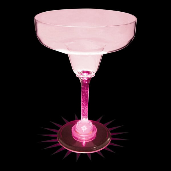 A customizable plastic margarita glass with a pink LED light.