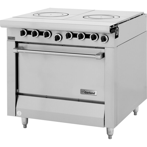 A stainless steel Garland Master Series commercial gas range with two ovens.