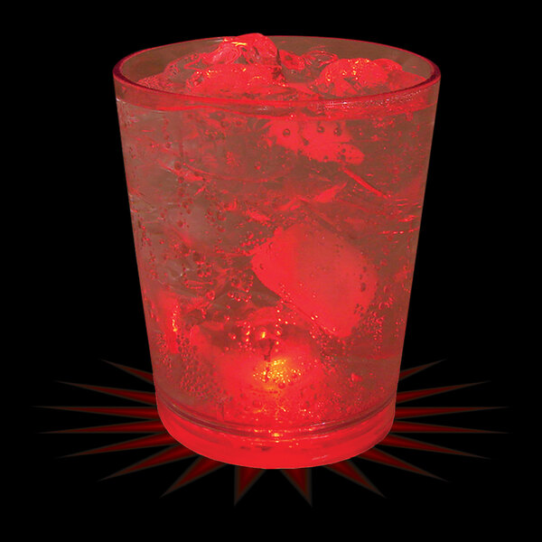 A 12 oz plastic rocks cup with ice and a red LED light.