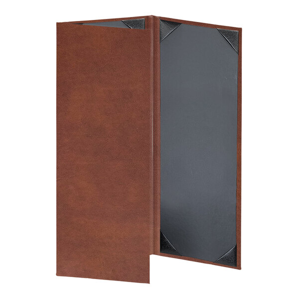 A brown rectangular leather menu cover with black picture corners.