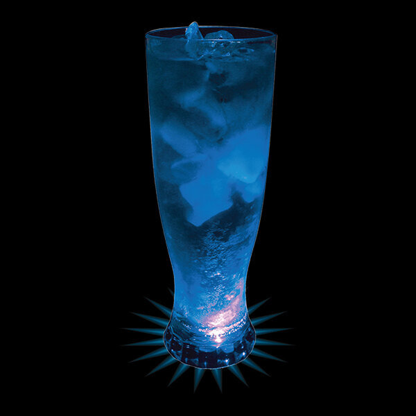 A customizable plastic pilsner cup with blue LED light and ice water in it.