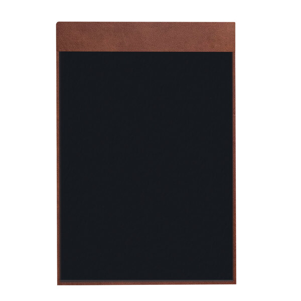 A brown tuxedo leather menu board with a black magnetic hardback.