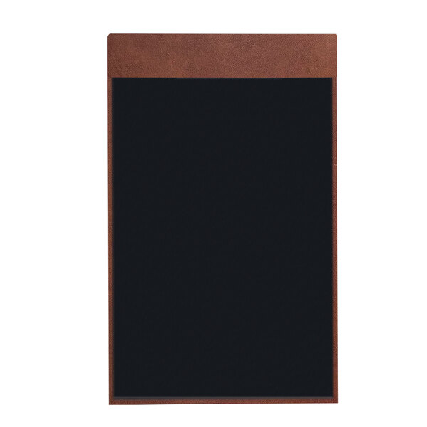 A brown leather menu cover with black lines on a white background.