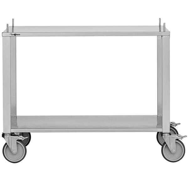 A silver metal cart with wheels.