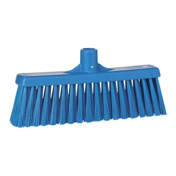 A blue Vikan straight lobby broom head with long bristles.