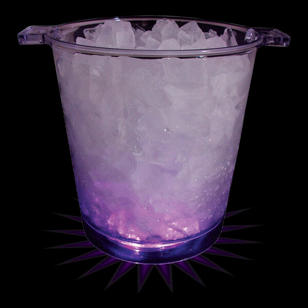 A clear plastic ice bucket with purple LED lights filled with ice.