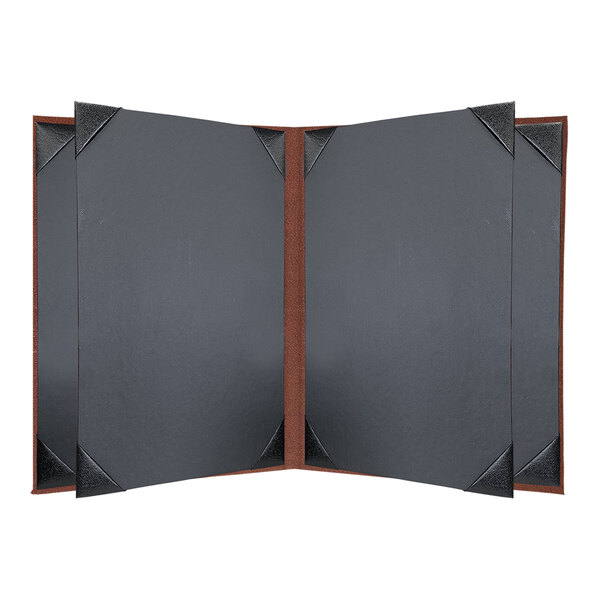 A brown rectangular menu cover with black corners.