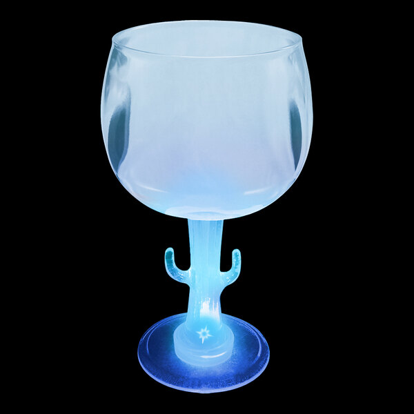 A customizable plastic cactus stem goblet with a blue LED light.