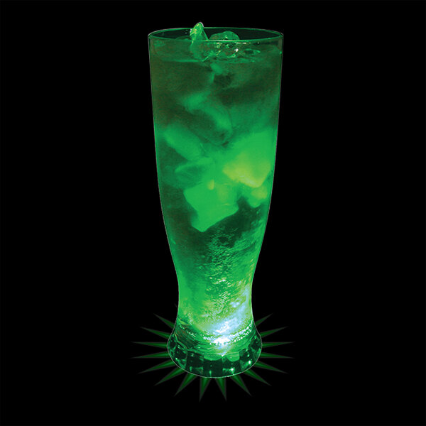 A customizable plastic pilsner cup with green liquid and ice.