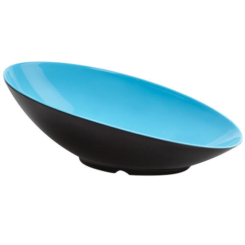 A close-up of a blue and black GET Brasilia melamine bowl.