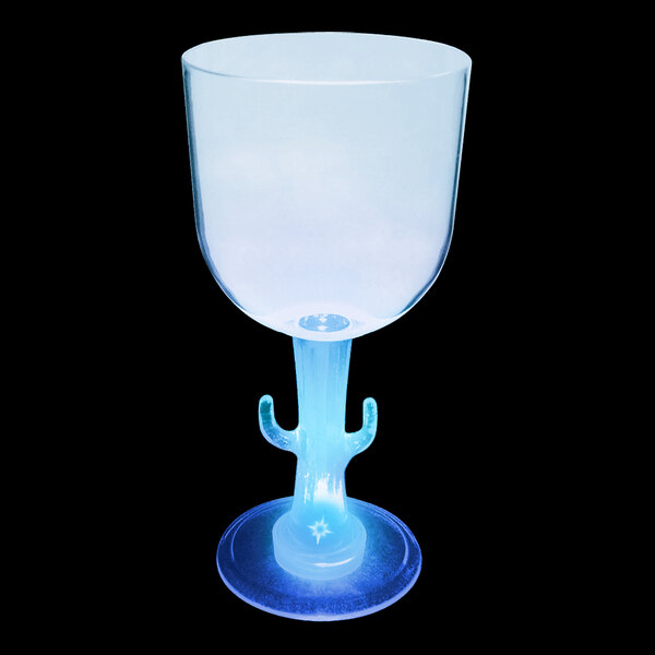 A clear plastic cactus stem goblet with a blue LED light on the base.