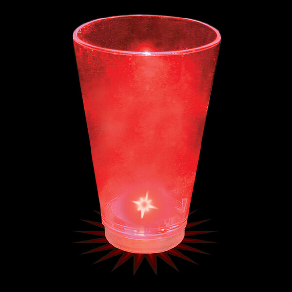 A customizable red plastic shot cup with a red LED light inside.
