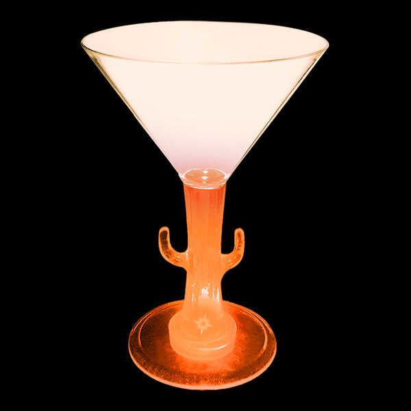 A 7 oz. plastic martini glass with a cactus shaped stem and an orange LED light.