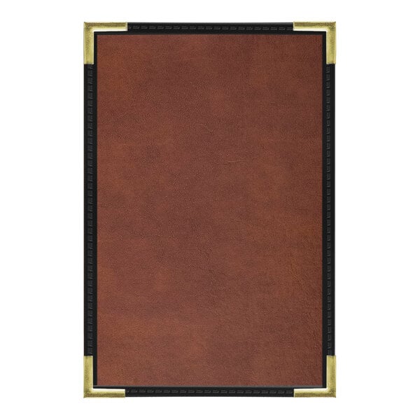 A brown leather menu cover with black border.