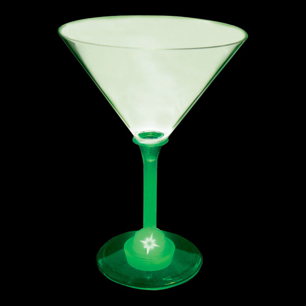 A 10 oz. green plastic martini cup with a light up stem.