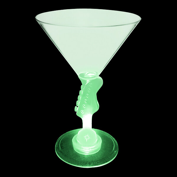 A 7 oz. green plastic martini glass with a guitar shaped stem and green LED light.