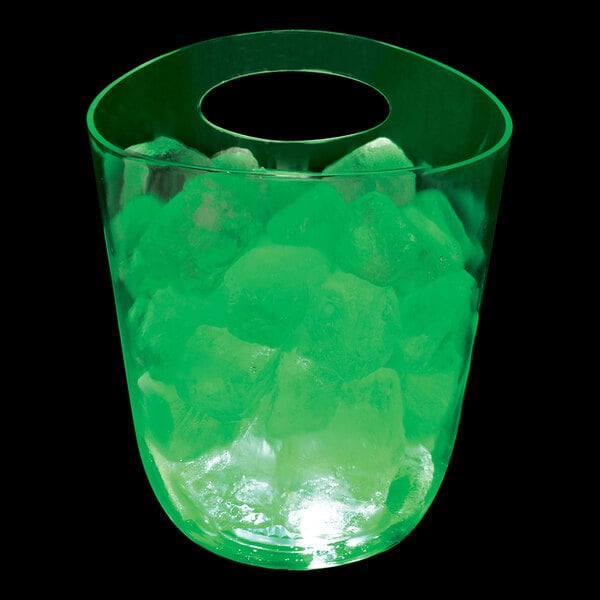 A customizable plastic champagne bucket with green LED lights inside and ice.