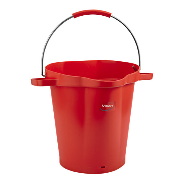 A red Vikan hygiene bucket with a handle.